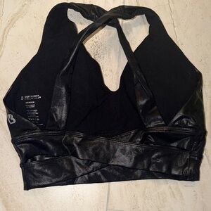 BuffBunny Black Faux Leather Trim Crossback Sports Bra